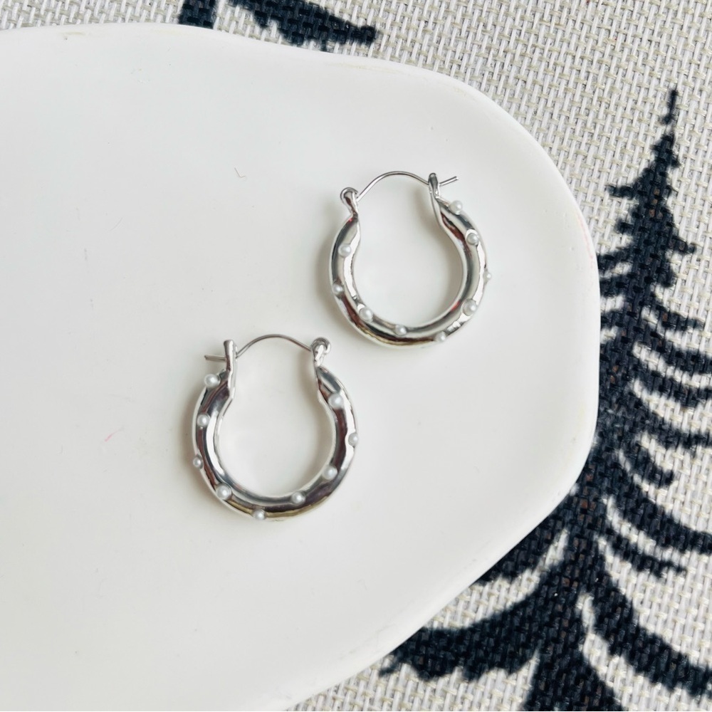 Silver pearl polka dot hoop earrings coquette